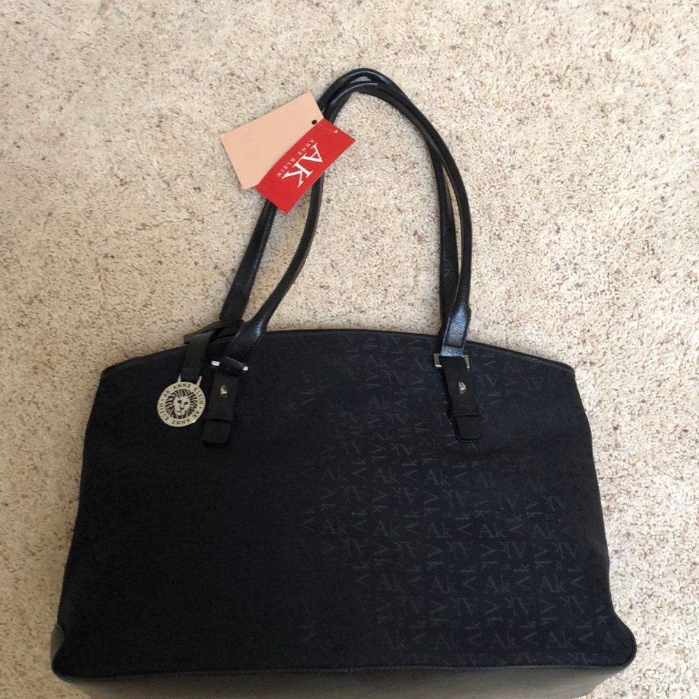 Anne Klein black leather and canvas tote